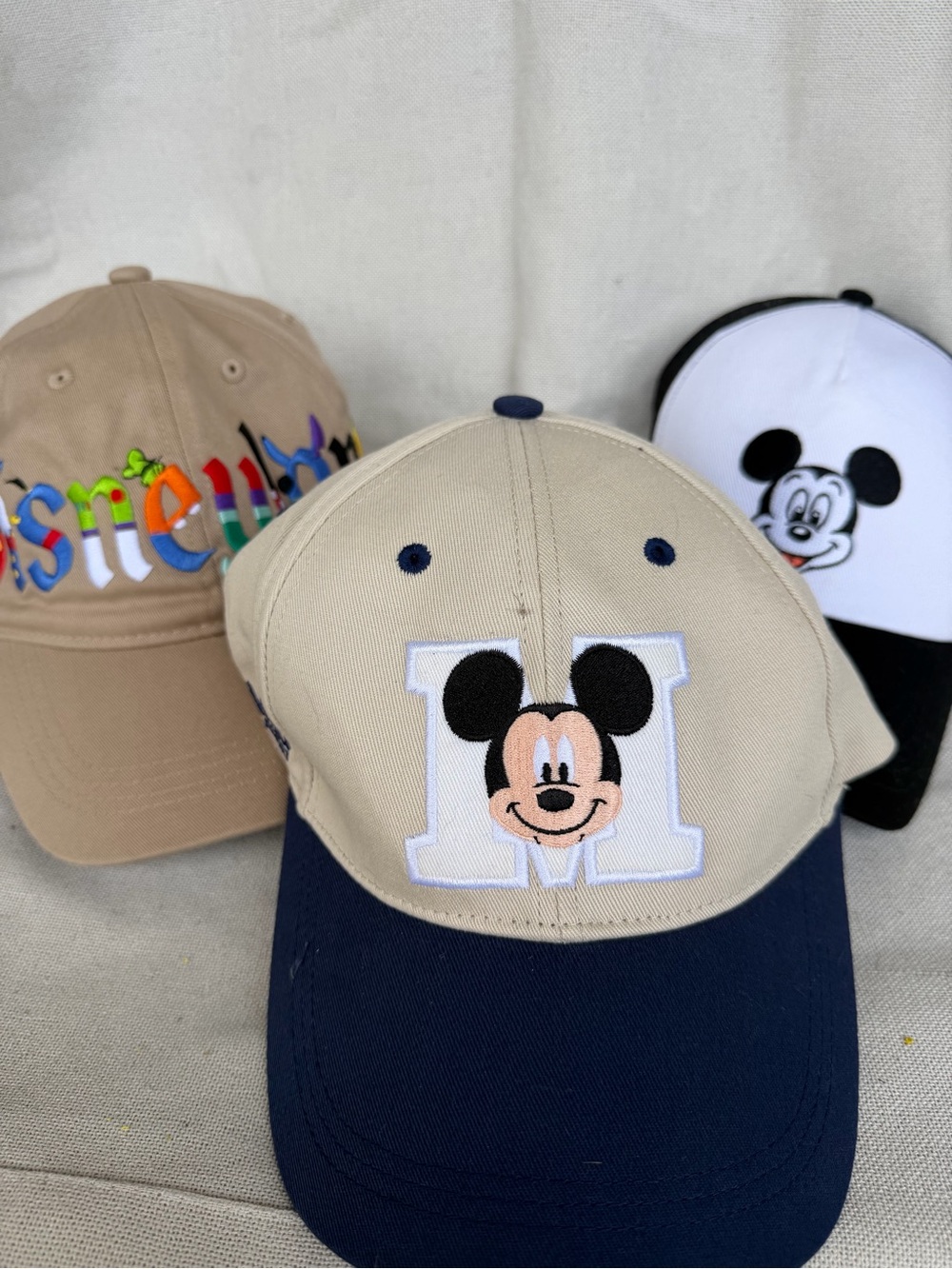 Bundle (3) Embroidered Mickey 'M' Baseball Cap in Beige & Navy